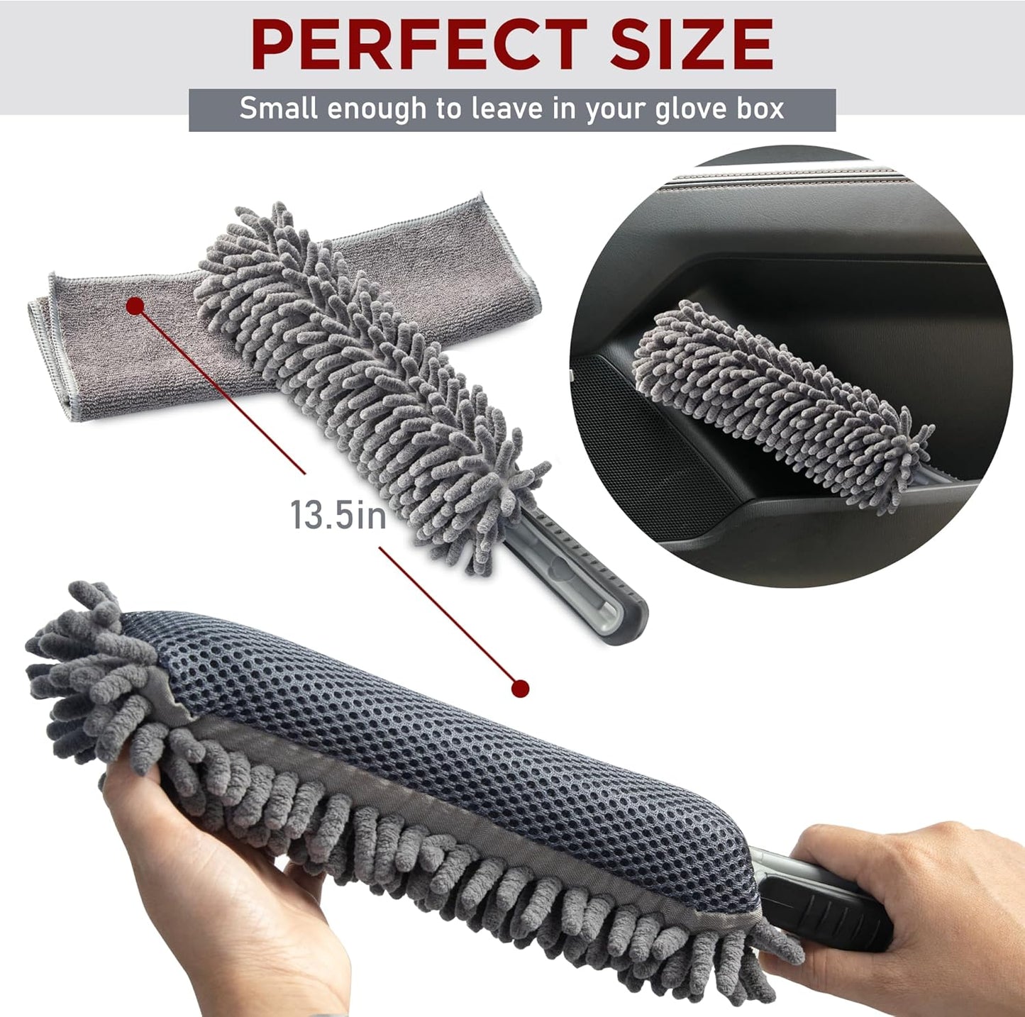 Car Duster Interior by TAKAVU, 360° Microfiber Fingers, Unbreakable Comfort Handle, Lint and Scratch Free, Include Microfiber Towel, for Car & Home Use, The Best Auto Accessories Gray