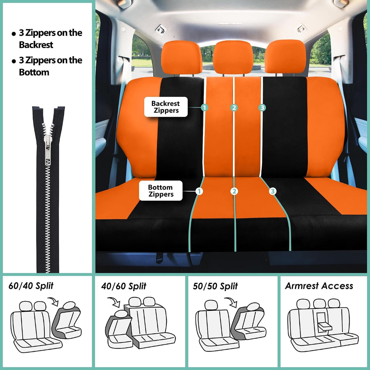 FH Group Full Set Cloth Car Seat Covers, Universal Fit Front and Split Bench Rear, Airbag Compatible, Washable for SUV, Sedan, Van - Black