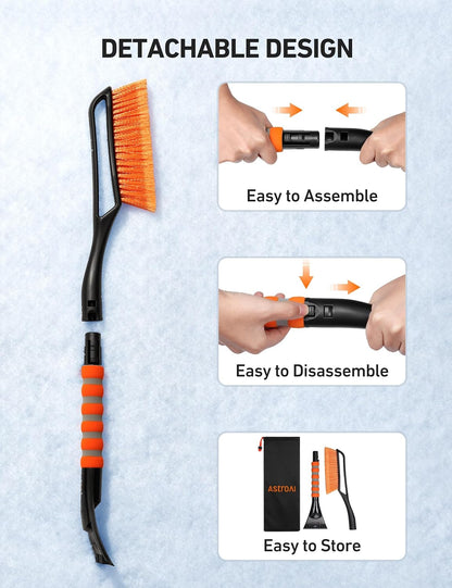 AstroAI 2 Pack 27" Snow Brush and Ice Scrapers for Car Windshield, Detachable Snow Scrapers with Ergonomic Foam Grip for Cars, Trucks, SUVs (Heavy Duty ABS, PVC Brush, Orange)