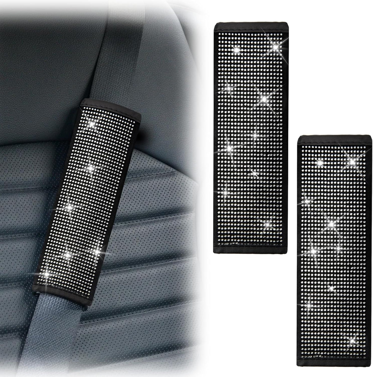 ecocstm 2 PCS Bling Car Seat Belt Shoulder Pads, Bling Seat Belt Covers with Bling Rhinestones, Car Accessories Seatbelt Strap Pad with Crystal Diamond for Car, Truck, SUV (White Diamond)