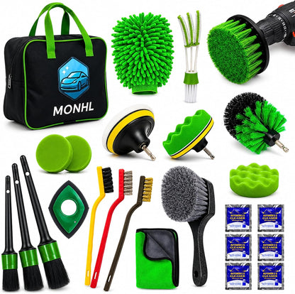 26Pcs Car Detailing Kit – Car Cleaning Kit, Car Wash Kit, Car Detailing Brush Set, Drill Brush Attachments for Cleaning, Car Cleaning Supplies for Interior, Exterior, Wheels, Green