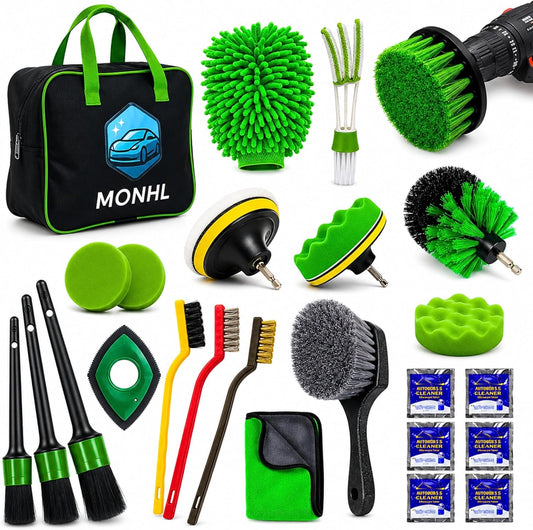 26Pcs Car Detailing Kit – Car Cleaning Kit, Car Wash Kit, Car Detailing Brush Set, Drill Brush Attachments for Cleaning, Car Cleaning Supplies for Interior, Exterior, Wheels, Green