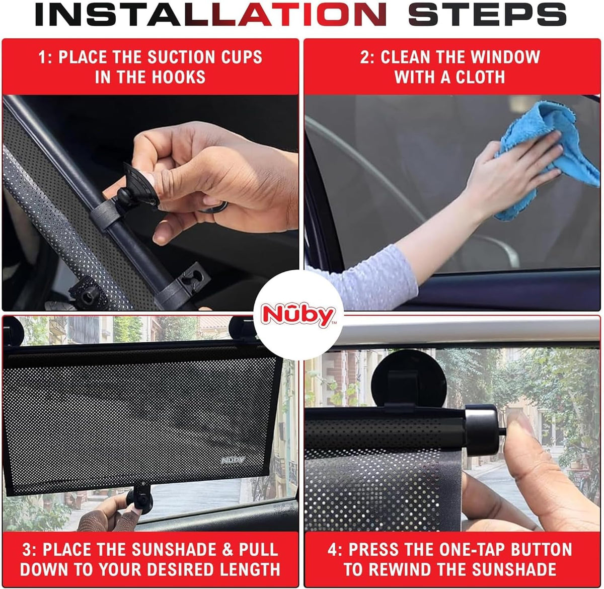 Nuby 14" Roller Vehicle Side Window Sun Protection Shade for Baby | 2 Pack | Pull Down with Suction Cups and Press Button Roll Up | Black
