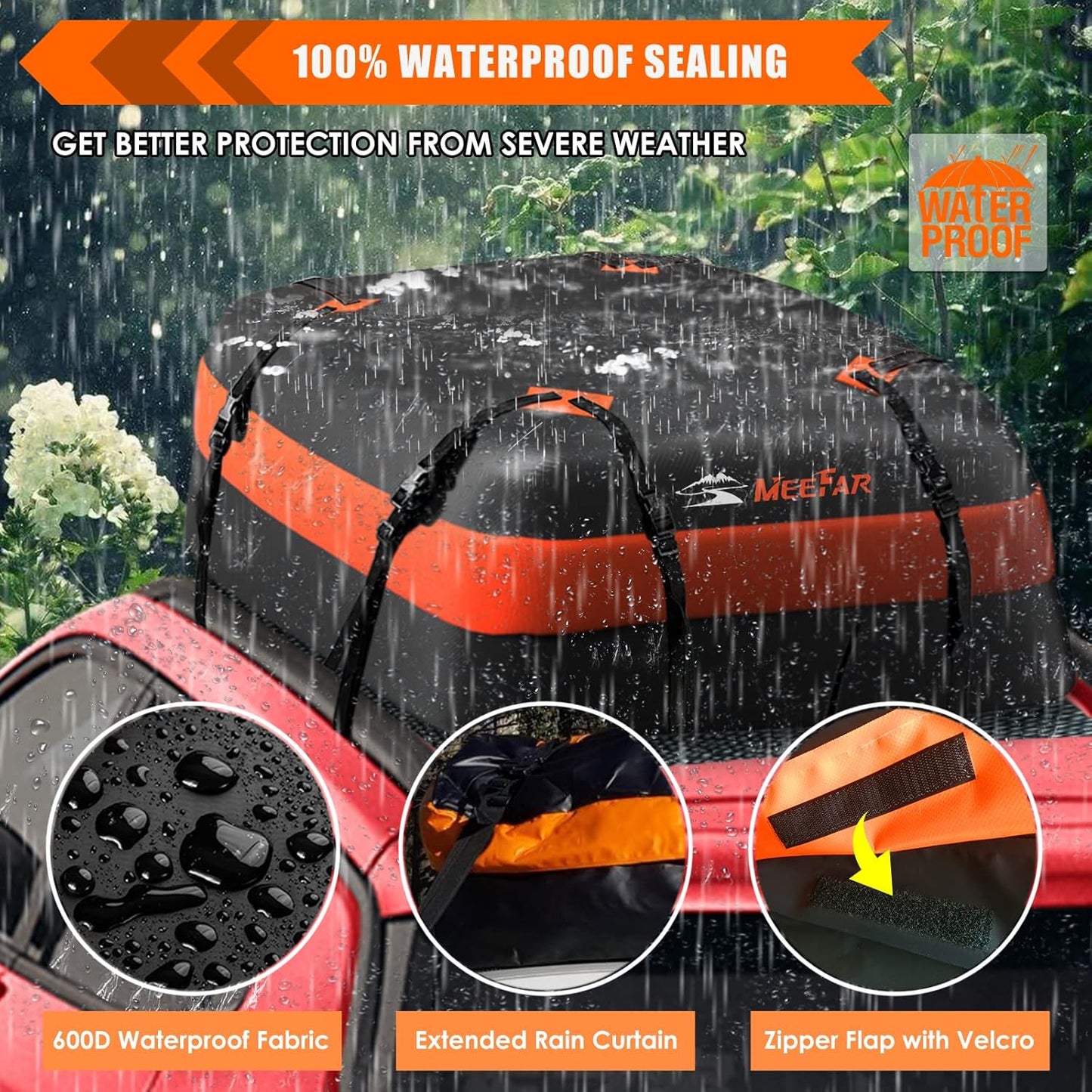 MeeFar Rooftop Cargo Carrier Car Roof Bag 21 Cubic Feet 100% Waterproof Car Top Carrier, Fits All Vehicle with/Without Rack,Include Anti-Slip Mat,10 Reinforced Straps,6 Door Hooks,Luggage Lock