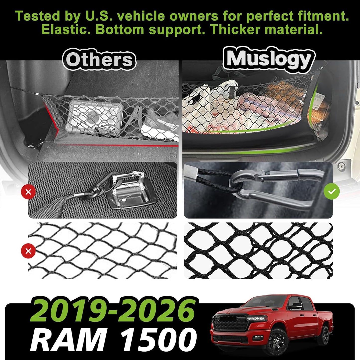Muslogy Truck Bed Cargo Net Trunk Netting Compatible with 2023-2025 2026 Honda CR-V Accessories, Pickup Cargo Organizer SUV Sedan Storage Net w/Heavy Duty Carabiners - Colors B