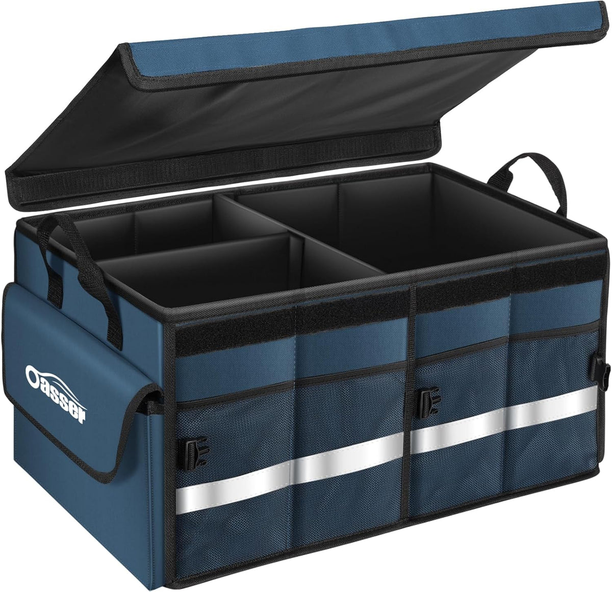 Oasser Car Trunk Organizer, 3 Compartments Collapsible Waterproof Car Organizer Storage with Foldable Cover, Reflective Strip, Non-Slip Bottom, 4 Mesh Pockets for SUV/Truck/Sedan/Camping/Road Trip