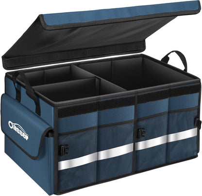 Oasser Car Trunk Organizer, 3 Compartments Collapsible Waterproof Car Organizer Storage with Foldable Cover, Reflective Strip, Non-Slip Bottom, 4 Mesh Pockets for SUV/Truck/Sedan/Camping/Road Trip