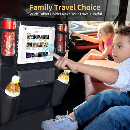 LUCMO Car Backseat Organizer with Tablet Holder,6 Storage Pockets Car Storage Organizer with Foldable Food Tray,Protectors Kick Mats Travel Accessories-Black