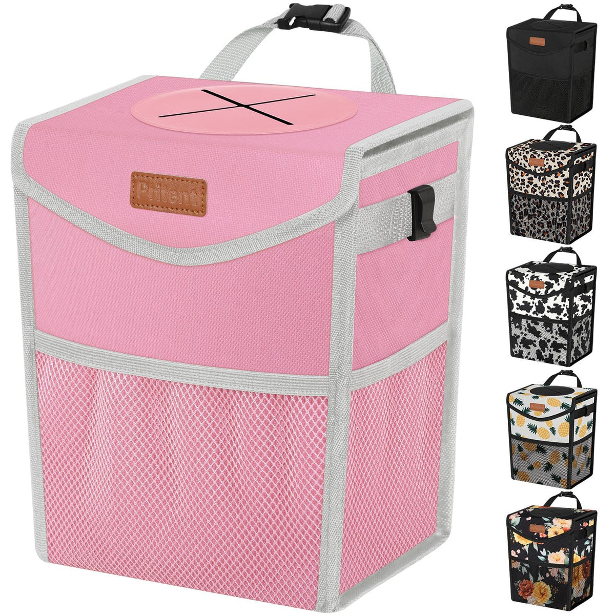 Pritent Car Trash Can with Lid, Cute Leakproof Car Trash Garbage Bag Hanging Vehicle Trash Bin Small Portable Automotive Garbage Cans Organizer for Back/Front Seat/Console(Trapezoid,Black)