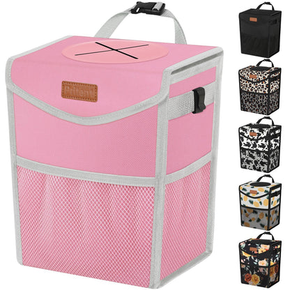 Pritent Car Trash Can with Lid, Cute Leakproof Car Trash Garbage Bag Hanging Vehicle Trash Bin Small Portable Automotive Garbage Cans Organizer for Back/Front Seat/Console(Trapezoid,Black)