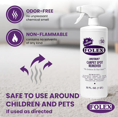 FOLEX Instant Carpet Spot Remover 32 oz – Powerful Stain Remover for Carpets, Upholstery & Rugs – Eliminates Pet Stains, Grease, Red Wine, Food, Makeup & More – With Reusable Cleaning Cloth - 1 Pack