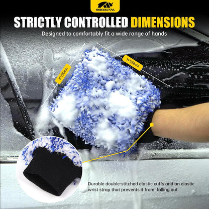 MIKKUPPA Microfiber Car Wash Mitt - Double-Sided Ultra Absorbent Scratch Free Premium Blend Glove for Car Washing Home Cleaning (Blue, 2Pack, 11'' x 8'')