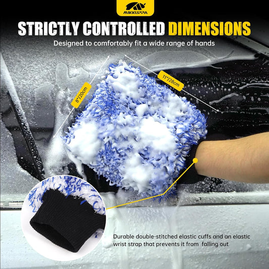 MIKKUPPA Microfiber Car Wash Mitt - Double-Sided Ultra Absorbent Scratch Free Premium Blend Glove for Car Washing Home Cleaning (Blue, 2Pack, 11'' x 8'')