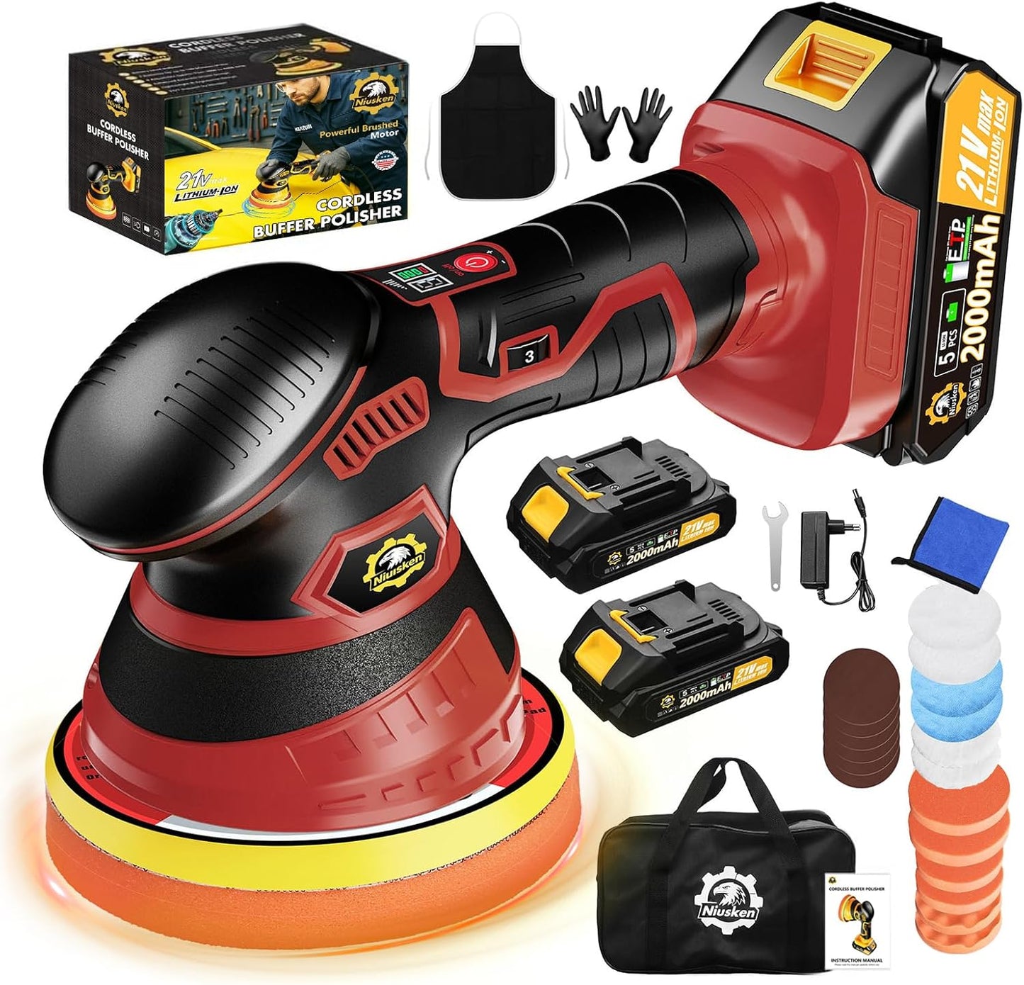 Cordless Car Buffer Polisher kit [2x 2000mAh 21V Batteries & 18 PCS Attachments] 6-Speed Orbital Design, LED Display, Lightweight Detailing Tool for Waxing, Polishing & Scratch Removal-Yellow