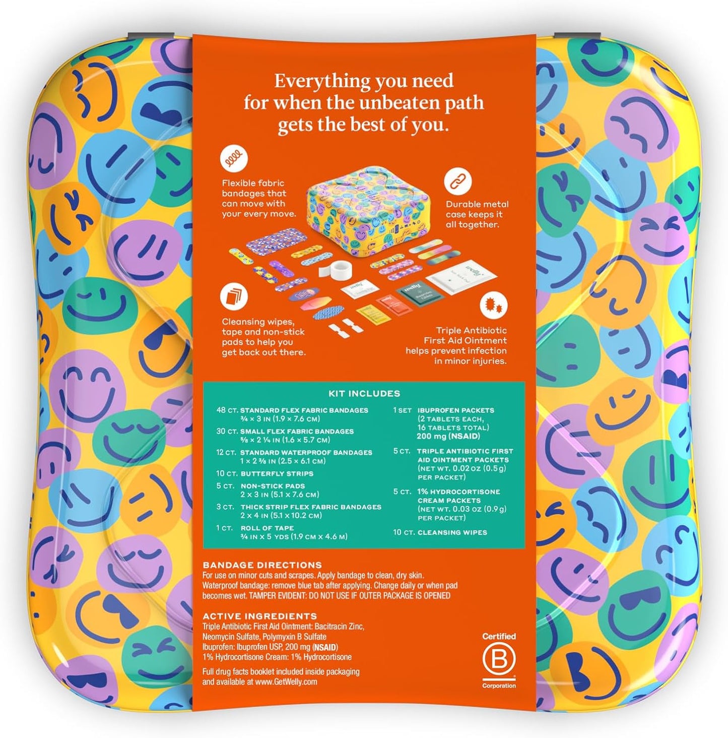 Welly First Aid Kit | FSA Eligible | Adhesive Flexible Fabric and Waterproof Bandages, Tape and Non-Stick Pads, Butterfly Strips, Triple Antibiotic and Hydrocortisone Ointments, Ibuprofen - 130 Count
