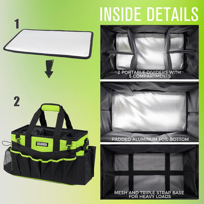 SCAVATA Wearable Cleaning Caddy Bag, Supplies Organizer with Handle & Shoulder Straps for Housekeepers, Under Sink & Car Cleaning Tool Organizer with 4 Foldable Dividers (Black)