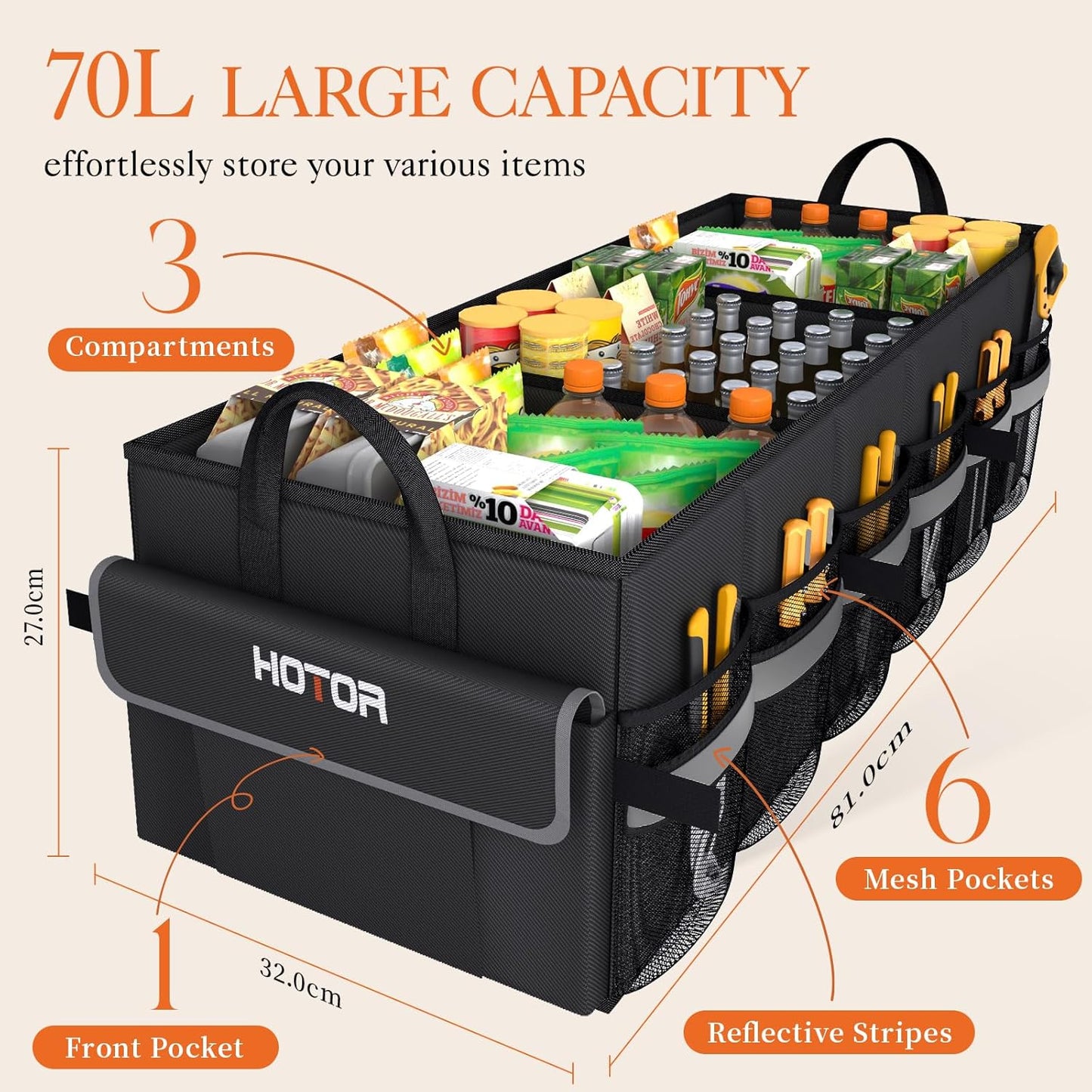 HOTOR Trunk Organizer - Car Organizer with 5 Pockets, Trunk organizer for SUV, Sedan & Van, Car Organization with Sturdy Base Panel for Car Accessories, Black, 2 Compartments, 21.3"×12.6"×10.6"