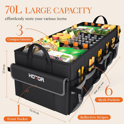 HOTOR Trunk Organizer - Car Organizer with 5 Pockets, Trunk organizer for SUV, Sedan & Van, Car Organization with Sturdy Base Panel for Car Accessories, Black, 2 Compartments, 21.3"×12.6"×10.6"