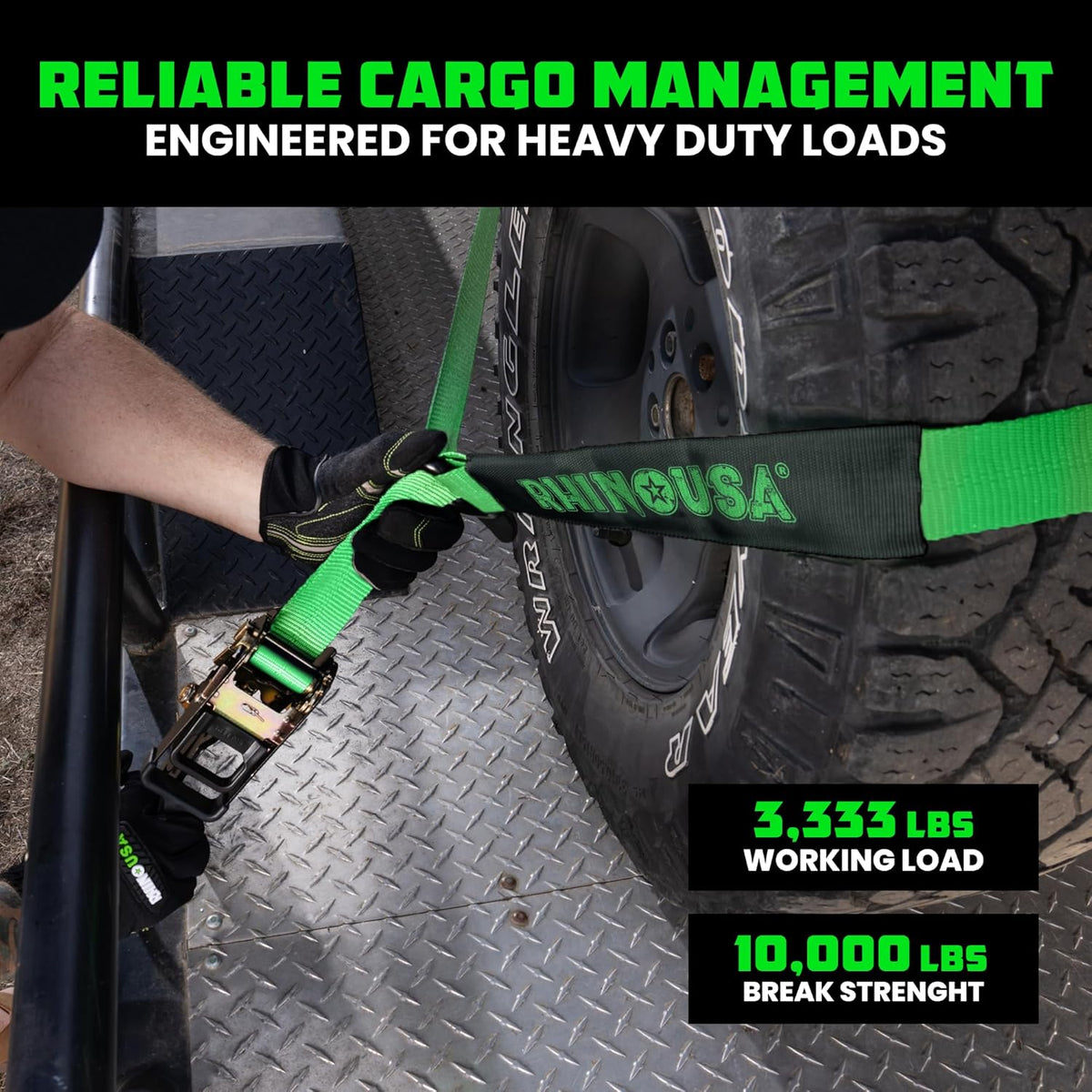 Rhino USA Car Tie Down Straps with J Hooks – 4 Pack 2" x8' – 10,000lbs Break Strength – Heavy Duty T-Handle Car Hauler Tire Lasso Wheel Straps for Trailers, UTV & Powersports – Black