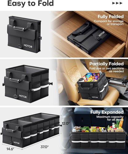 HOTOR Car Trunk Organizer - Trunk Organizer for SUV with Removable Cooler Bag, Foldable Cover, 3 Compartment Car Storage Essential Car Accessories for Truck, Van & Sedan, Black, 33.1" x 12.6" x 11.0"