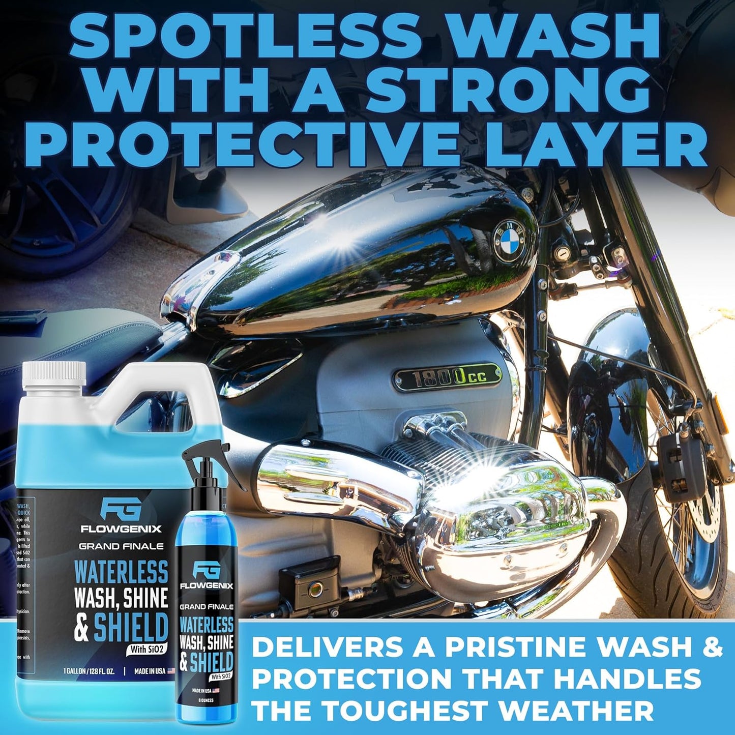 Flowgenix™ Waterless Car Wash Spray - Grand Finale - Motorcycle Cleaner & Car Wax Polish (8 oz) - Ceramic Coating - Incl. 2 Microfiber Towels - Quick Detailer Spray to Make Your Vehicle Shine