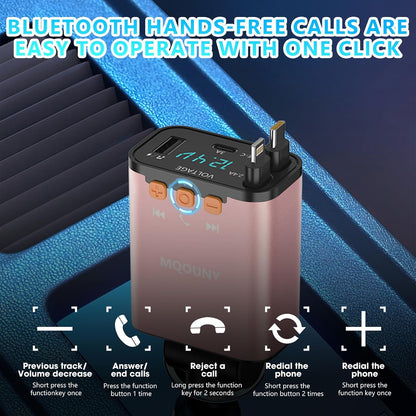 Retractable Car Charger,5 in 1 Fast Cars Phone Charger 60w,Bluetooth 5.3 FM Transmitter Adapter,Handsfree Call,MP3 Player,2 Retractable Cables and USB Chargers, for Phone,Galaxy,Pixel (Black)