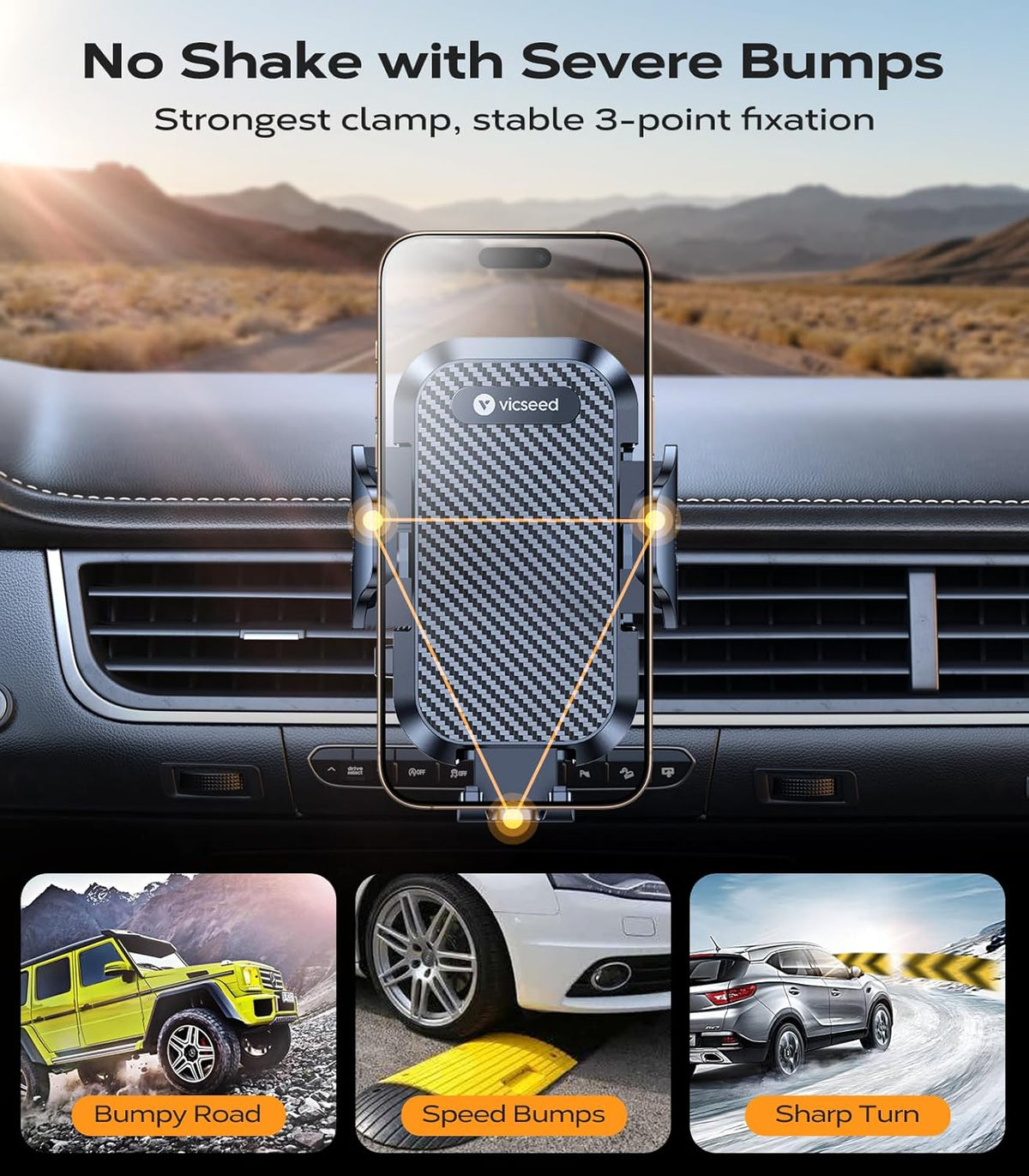 VICSEED 2026 Upgrade Ultra Stable Car Phone Holder Mount [Never Fall Off & Won't Break] Universal Air Vent Phone Mount for Car Easy Clamp Phone Holders for Your Car for iPhone 17 Pro Max 16 15 14 13
