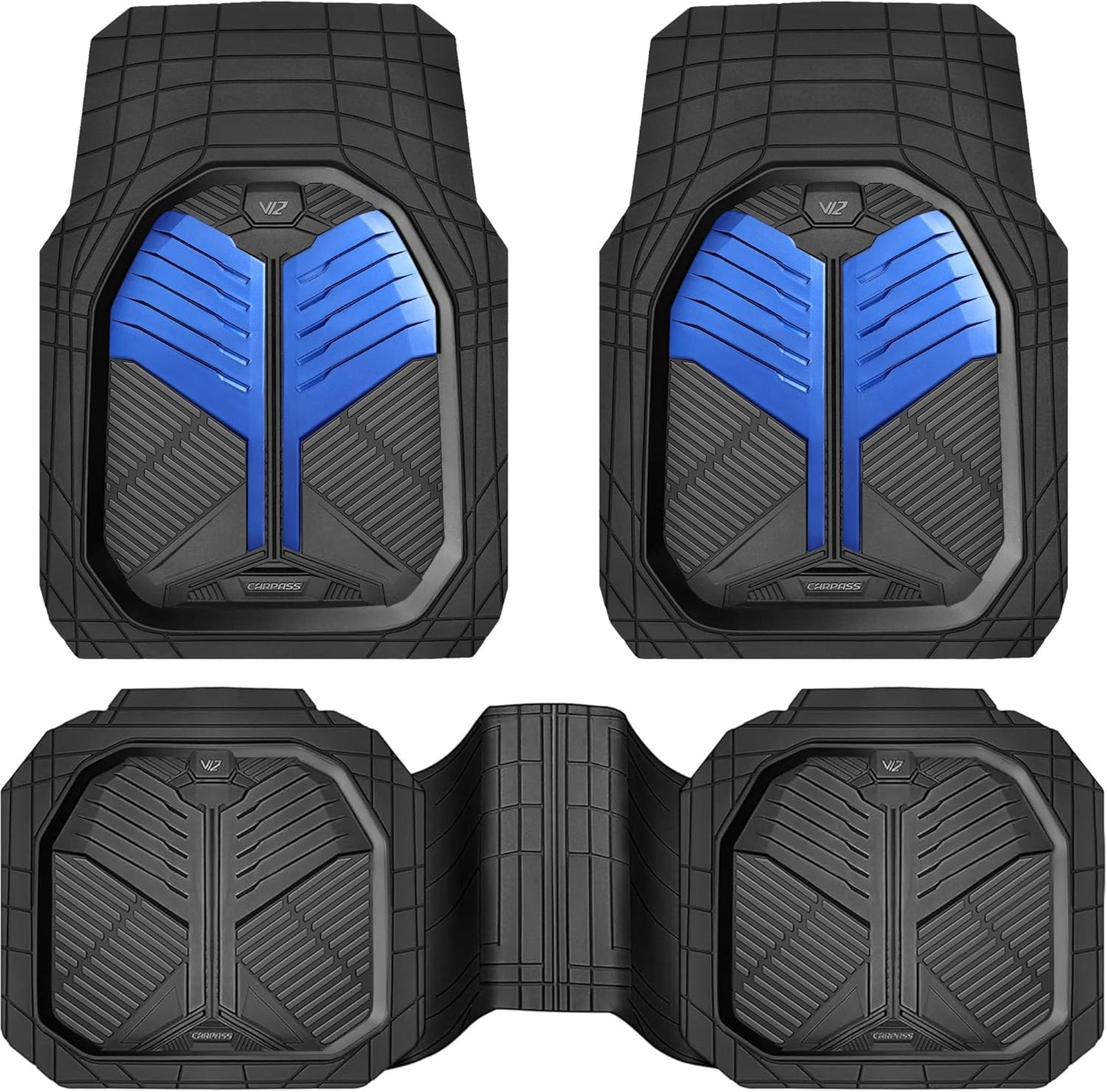 CAR PASS Heavy Duty Rubber Car Mats with Cargo Liner, Deep-Dish Car Floor Mats and Trunk Mat All Weather, Universal Trim-to-Fit for SUVs Trucks Sedans, Waterproof Anti-Slip, Trimmable V12 Black