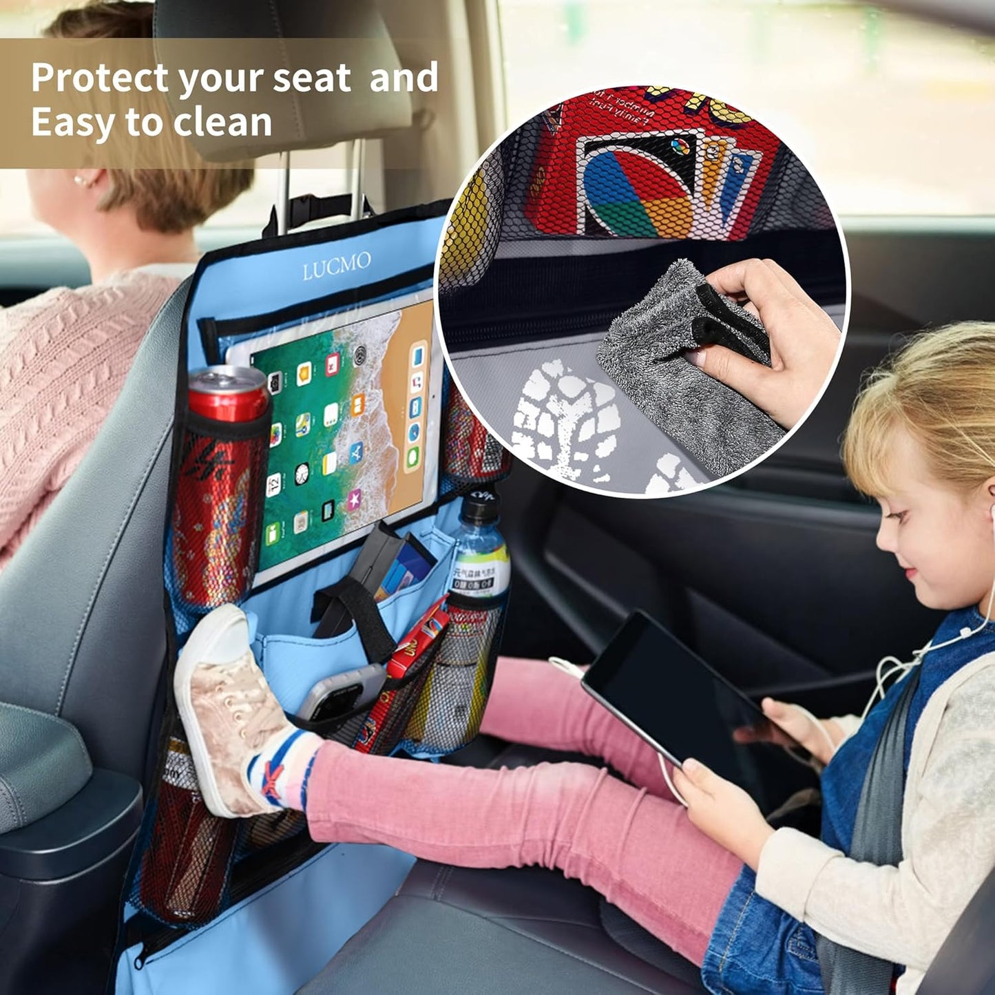 LUCMO Car Backseat Organizer with Tablet Holder,6 Storage Pockets Car Storage Organizer with Foldable Food Tray,Protectors Kick Mats Travel Accessories-Black