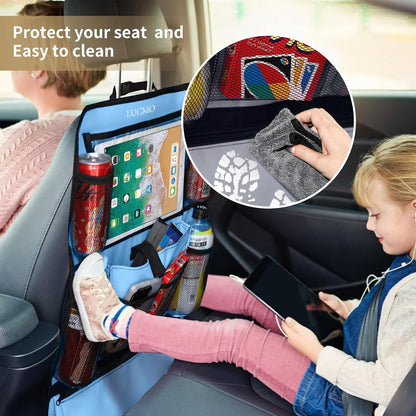 LUCMO Car Backseat Organizer with Tablet Holder,6 Storage Pockets Car Storage Organizer with Foldable Food Tray,Protectors Kick Mats Travel Accessories-Black