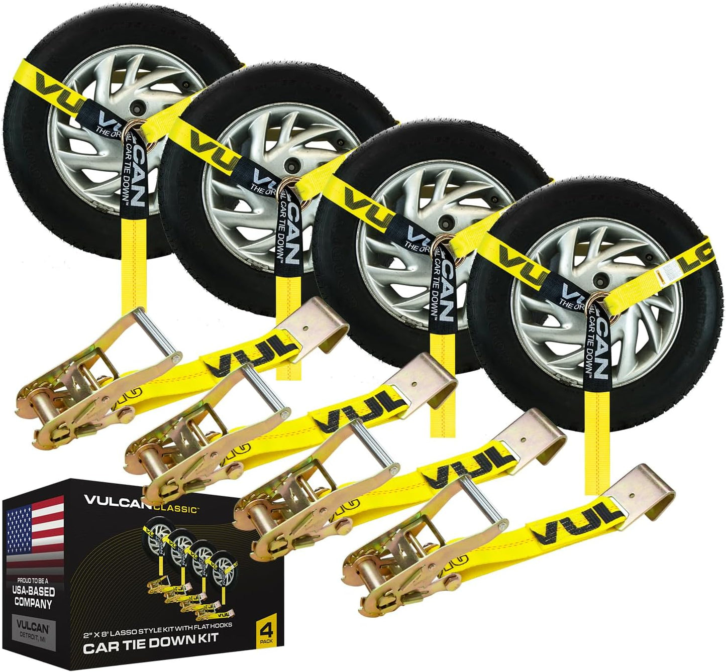 VULCAN Car Tie Down with Flat Hooks - Lasso Style - 2 Inch x 96 Inch - 4 Pack - Silver Series - 3,300 Pound Safe Working Load