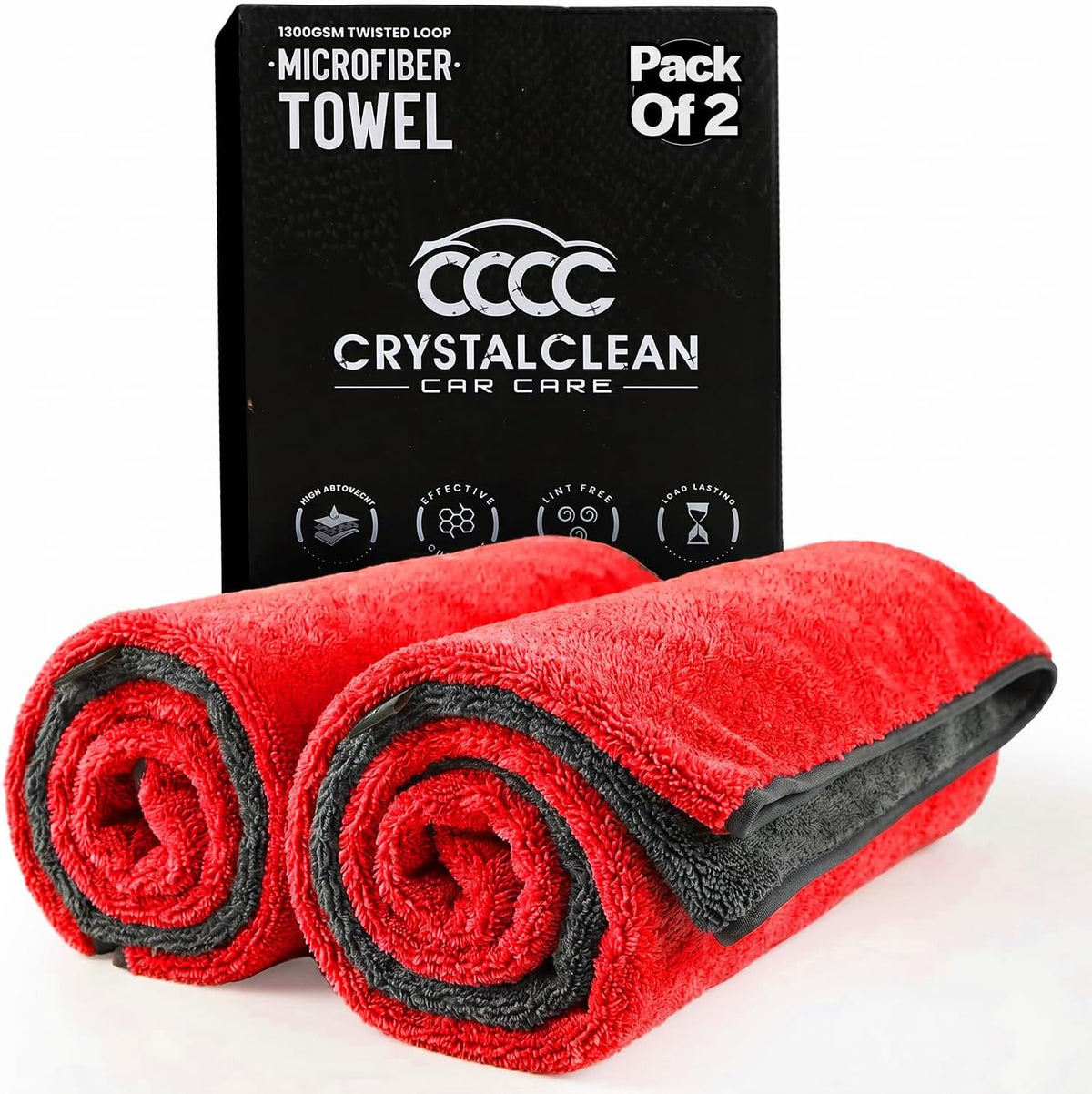 Crystal Clean 1300GSM Car Drying Towel - XL (24x36) Microfiber Towels for Cars with Double Twisted Loop, Professional Detailing Towel for Car Detailers - Quick Dry, Paint Safe & Swirl-Free