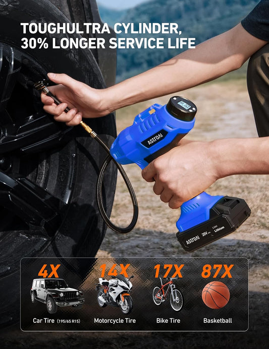 AstroAI Cordless Tire Inflator Portable Air Compressor Fast Inflation 160 PSI Air Pump 20V Rechargeable Battery Powered with 12V DC Adapter Digital Pressure Gauge for Cars Motorcycles Bikes Yellow