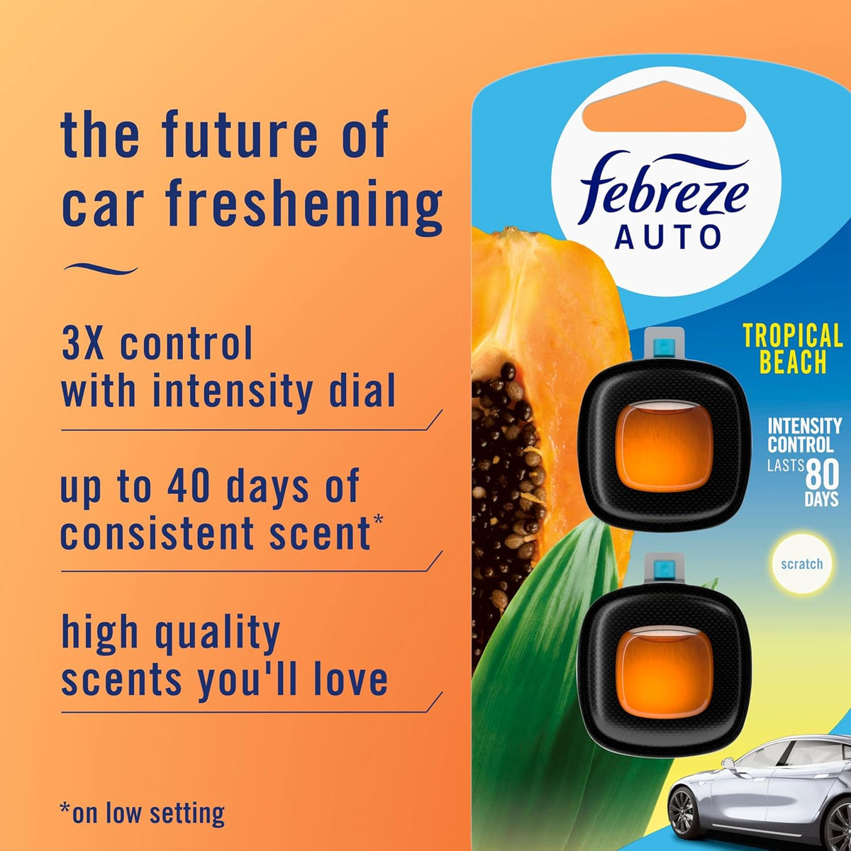 Febreze AUTO Air Freshener, Odor-Fighting Automotive Vent Clip, Scented Car Accessories, Long Lasting for Strong Odors, Tropical Beach Scent, 2 Count