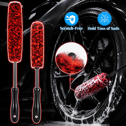 SIMPOR 5 Pcs Wheel & Tire Brush Kit with Cleaning Towel, 2 Long Handle Soft Microfiber Wheel Cleaning Brushes, Stiff Tire Brush, Car Detailing Brush, Non-Scratch Bendable Rim Cleaner Brush Set