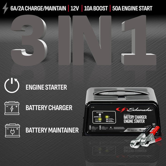 Schumacher Electric 6A Car Battery Charger and 50A Engine Starter, 3-in-1 Solution, Maintainer, 10A Boost, for 12V Power Sport, Automotive, and Marine Batteries, SC1305
