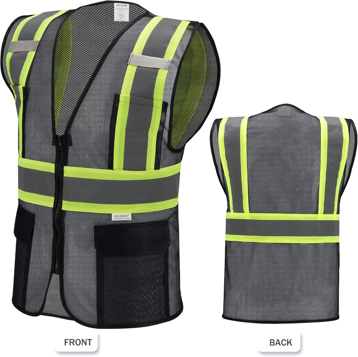 High Visibility Reflective Safety Vest with Zipper and Pockets Orange,M