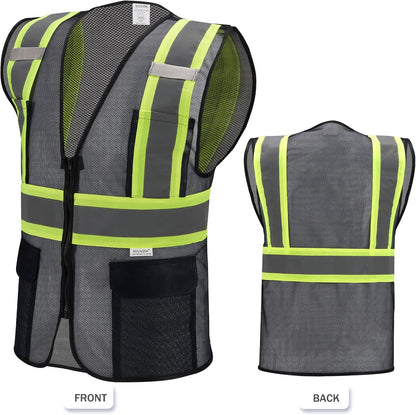 High Visibility Reflective Safety Vest with Zipper and Pockets Orange,M