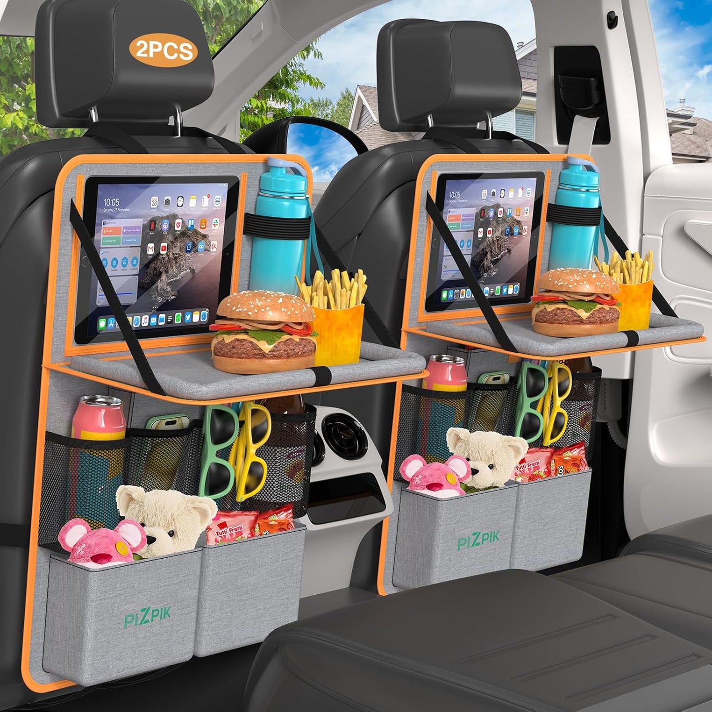 Plzpik Car Backseat Organizer with Tray(2Pack),13 Storage Pockets with Foldable Food Tray, Protector Kick Mats for Kids, Travel Accessories Organizer (Black)