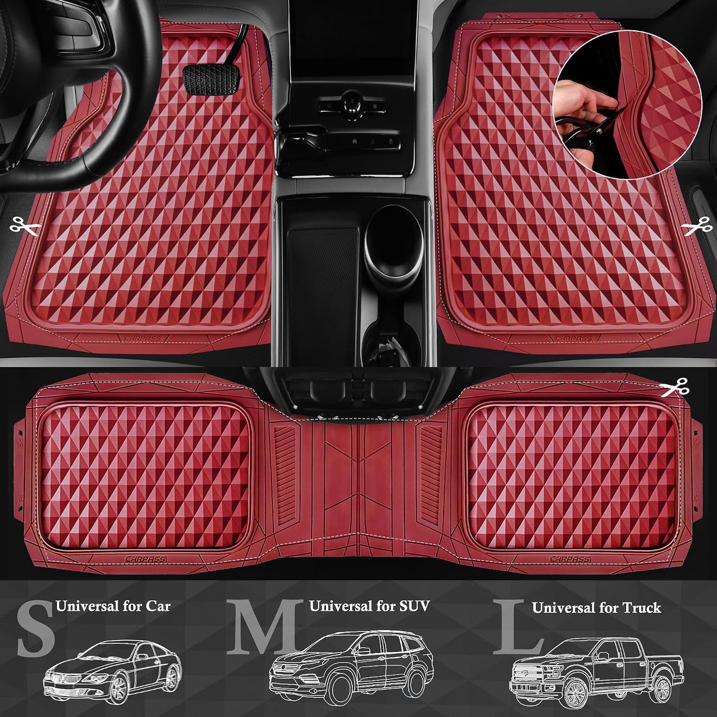 CAR PASS Heavy Duty Rubber Car Mats, Deep Dish All-Weather Floor Mat for Car Full Set Durable Anti-Slip 3D Rhombus Waterproof Trim to Fit Liner Universal Fit Automotive,Sedan,SUV,Truck, 3 Piece Black