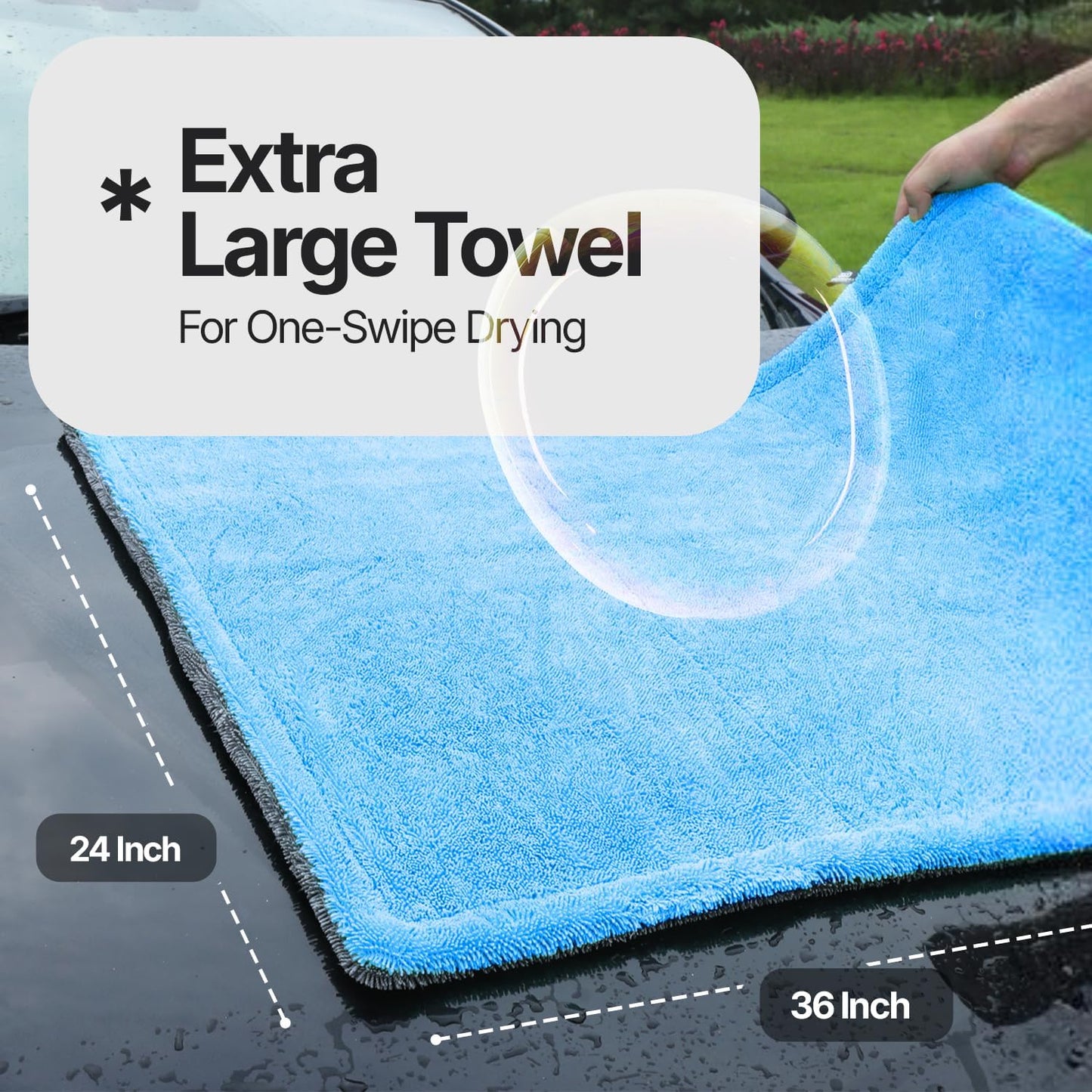 Crystal Clean 1300GSM Car Drying Towel - XL (24x36) Microfiber Towels for Cars with Double Twisted Loop, Professional Detailing Towel for Car Detailers - Quick Dry, Paint Safe & Swirl-Free