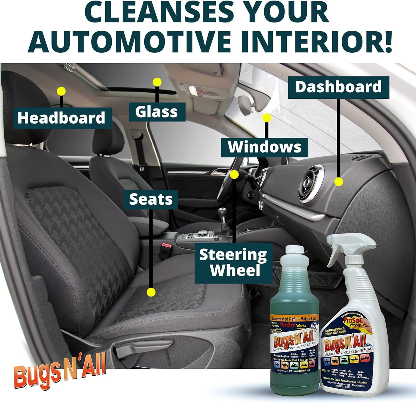 Bugs N’ All Multipurpose Car Cleaner & Degreaser - Bug & Tar Remover Concentrate 4 oz - Exterior Cleaner Safe for Car Paint, Metal, Chrome, Aluminum, Windows & Mirrors - w/Free 32 oz Spray Bottle