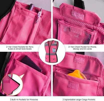 Reflective Vest for Women, Mesh Womens Safety Vest with 11 Pockets and Zipper, Hi Vis Neon Construction Work Vest for Lady Surveyors/Workers, Snugly-Fitted, ANSI Compliant (U-Yellow, S)