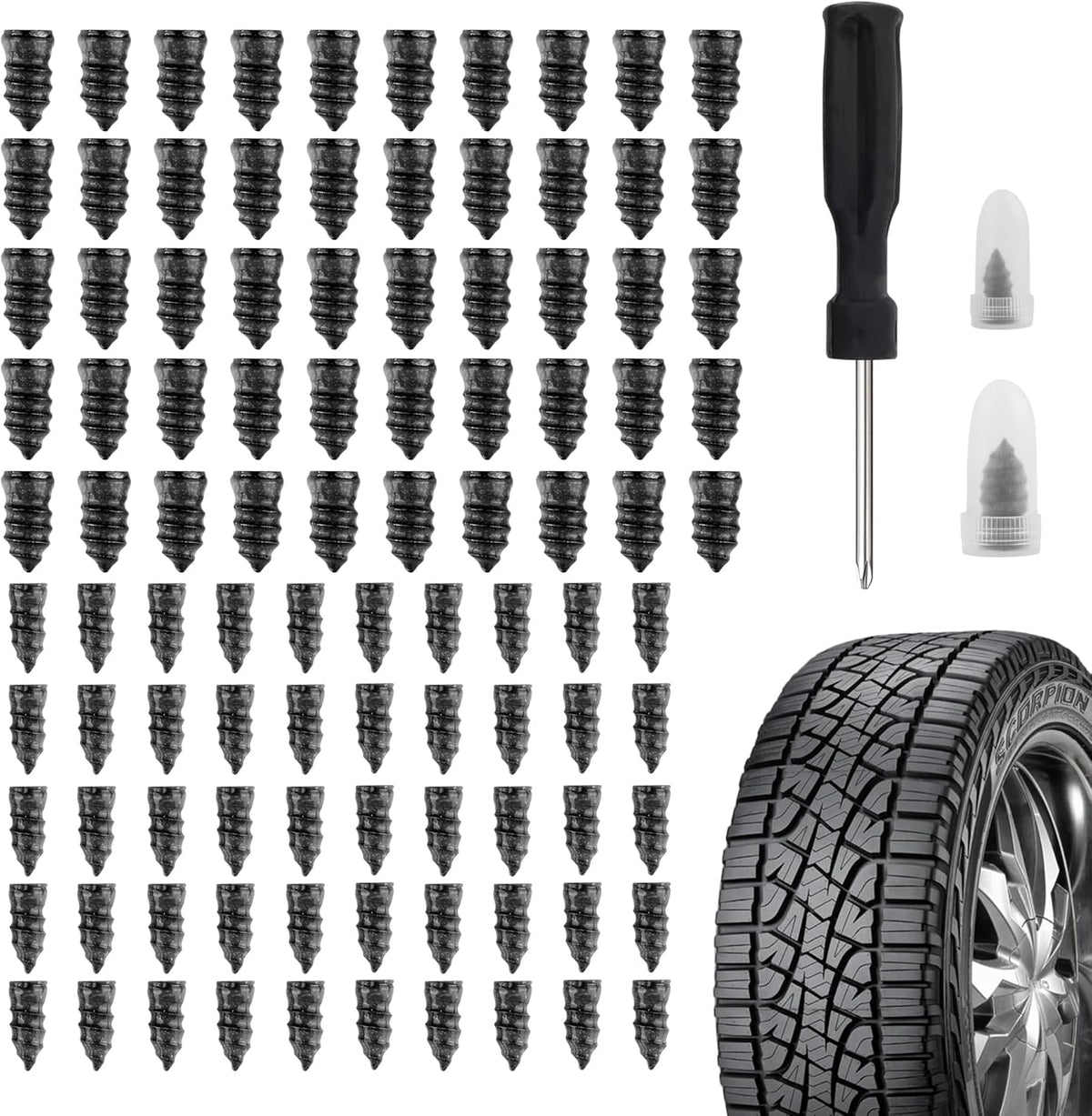Salior 100PCS Tire Plug Kit with Screwdriver,Rubber Flat Tire Repair Kit for Fast Repair of Tire Punctures,Durable Car Tire Repair Kit Self-Service Repair Nails for Car Motorcycle Truck