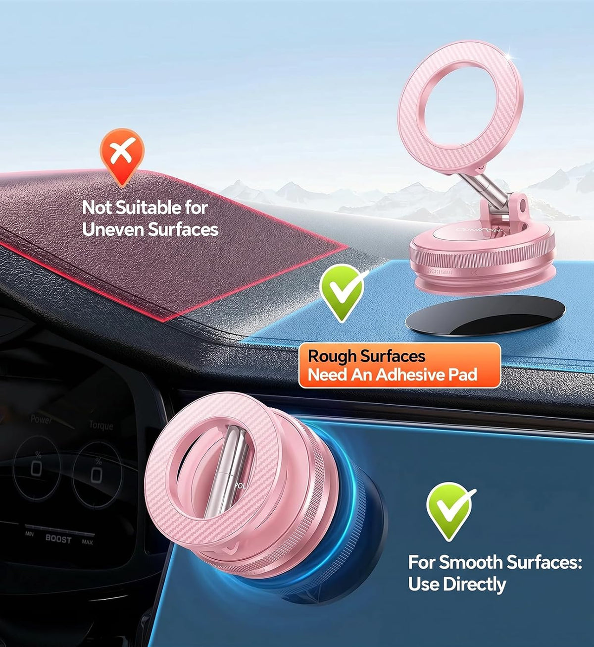 Coolpow【Newest Vacuum Magnetic Phone Holder for Car Phone Holder Mount【Movable Vacuum Suction】Magsafe Car Mount Cell Phone Holders for Your Car Accessories for Women Men for iPhone 17 16-Carbon Fiber
