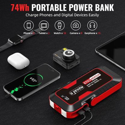 S ZEVZO ET03 4000A Car Jump Starter Jump Starter Battery Pack for Up to 8.0L Gas and 7.0L Diesel Engines, 74Wh Portable 12V Jump Box with USB Ports, LCD Display, Storage Case, and LED Light