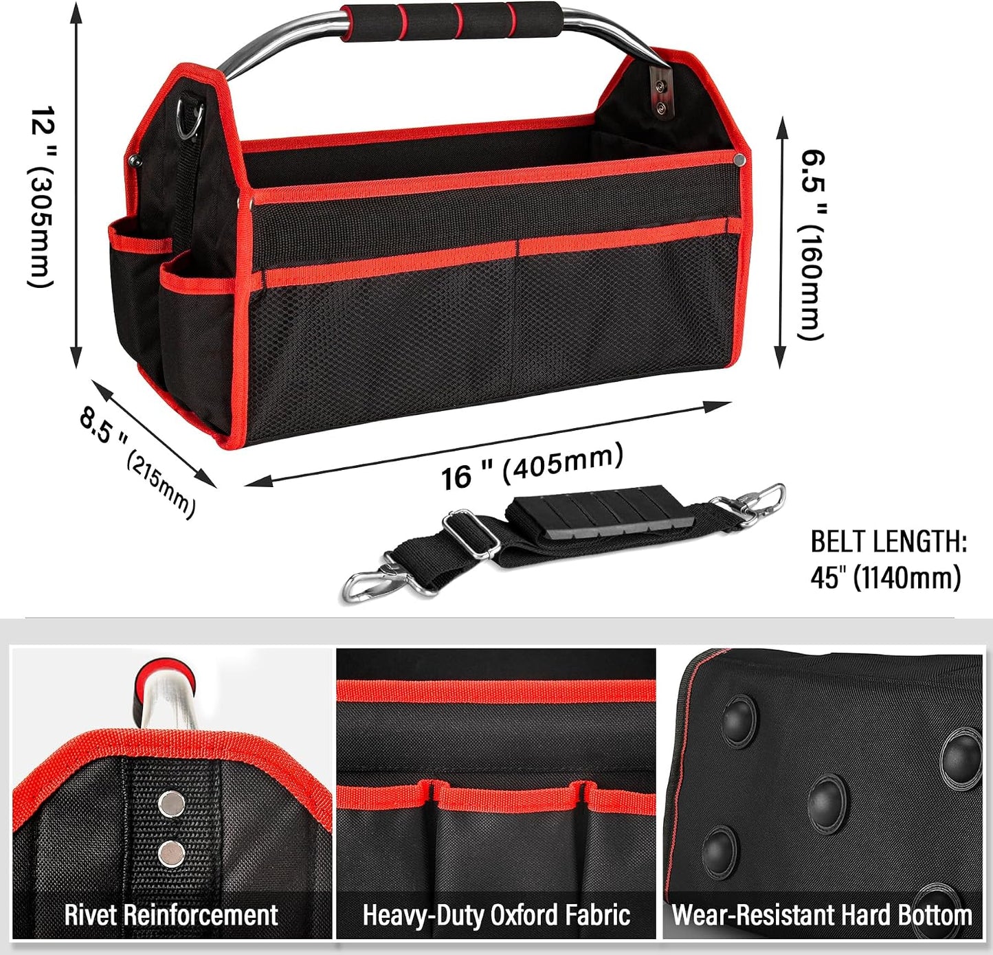 HAUTMEC 13 Inch Tool Bag, Foldable Open Top Tool Bag with Stiff Frame, Heavy-Duty Tool Tote with Padded Handle, Water-Resistant Base, Portable Tool Organizer for DIY & Jobsite Use – TB0001