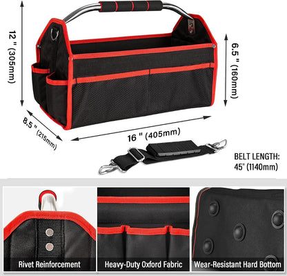 HAUTMEC 13 Inch Tool Bag, Foldable Open Top Tool Bag with Stiff Frame, Heavy-Duty Tool Tote with Padded Handle, Water-Resistant Base, Portable Tool Organizer for DIY & Jobsite Use – TB0001