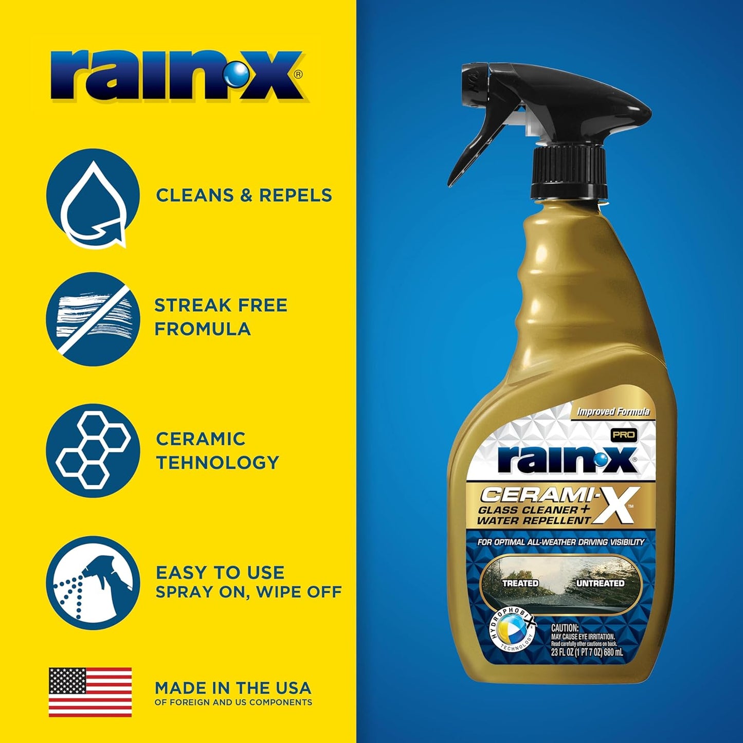 Rain-X 630177SRP Cerami-X Glass Cleaner + Water Repellent, 23oz - Cleaning Effectively While Remaining Streak Free, Protecting Against Contaminants and Stains