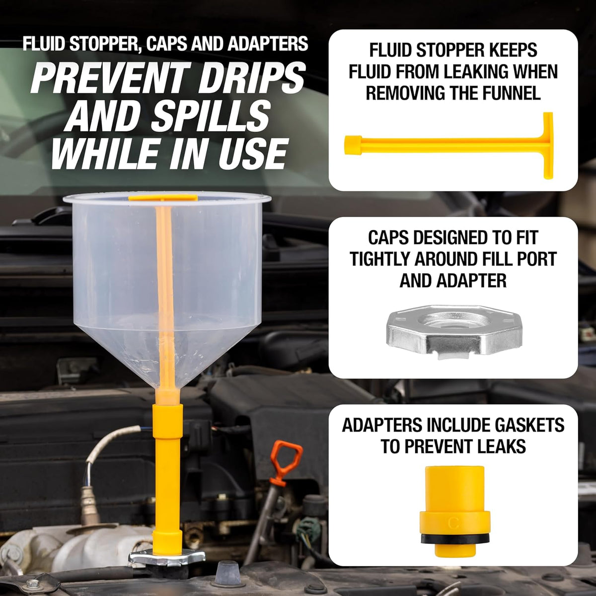 OEMTOOLS No-Spill Coolant Funnel Kit, 15 Piece Fluid and Oil Funnel Set, Allows Access To Hard-To-Reach Radiators
